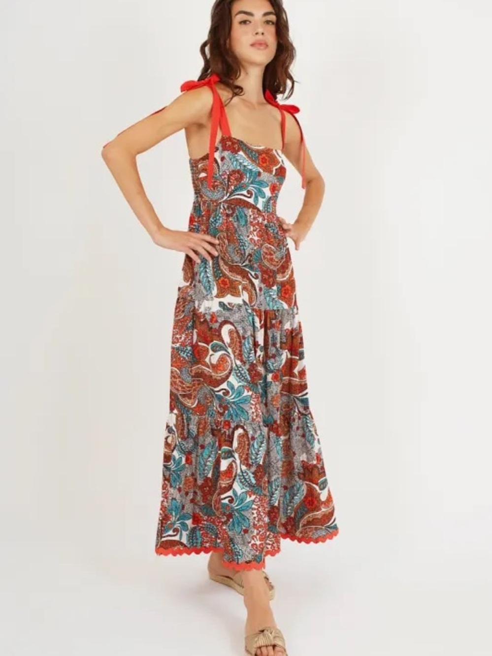 Traffic People Tiered Tie-Shoulder Paisley Maxi Dress
